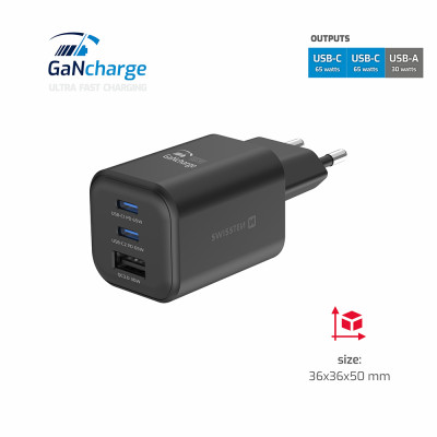 SWISSTEN GaN nabíječka 2xUSB-C 65W+USB-A 30W černá