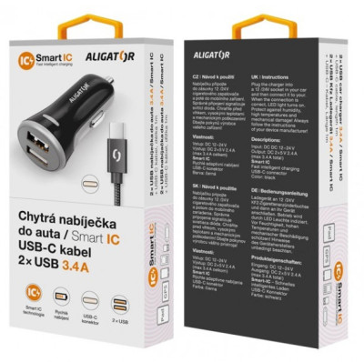 Aligator CL adaptér 3.4A, 2xUSB + USB-C kabel