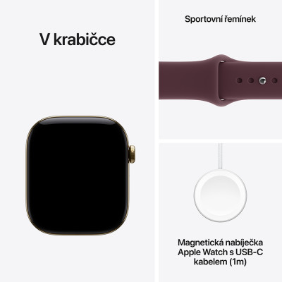 Apple Watch Series 12 Cellular 42mm, zářivě zlatý titan s burgundsky červeným sportovním řemínkem, M/L