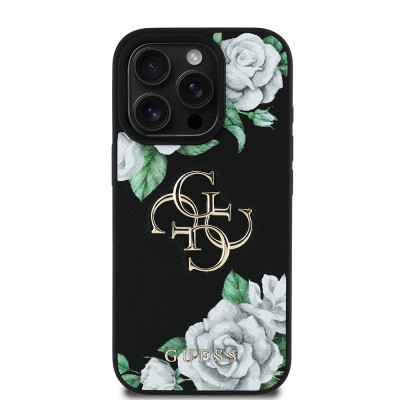 Guess PU Grained Roses 4G Logo iPhone 16 Pro,Black